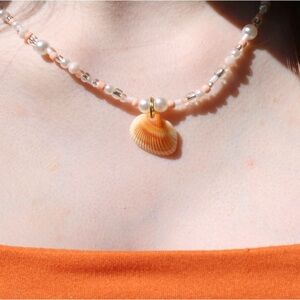 Handmade peach real shell necklace gold clasp glass beads